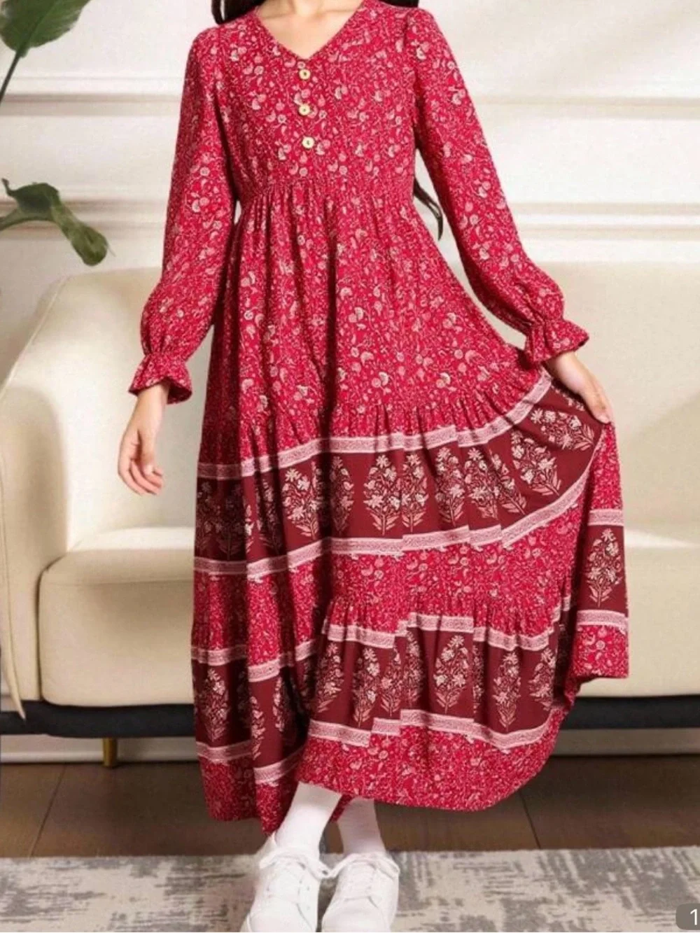 Girls Red Floral Boho Maxi Dress with Long Sleeves